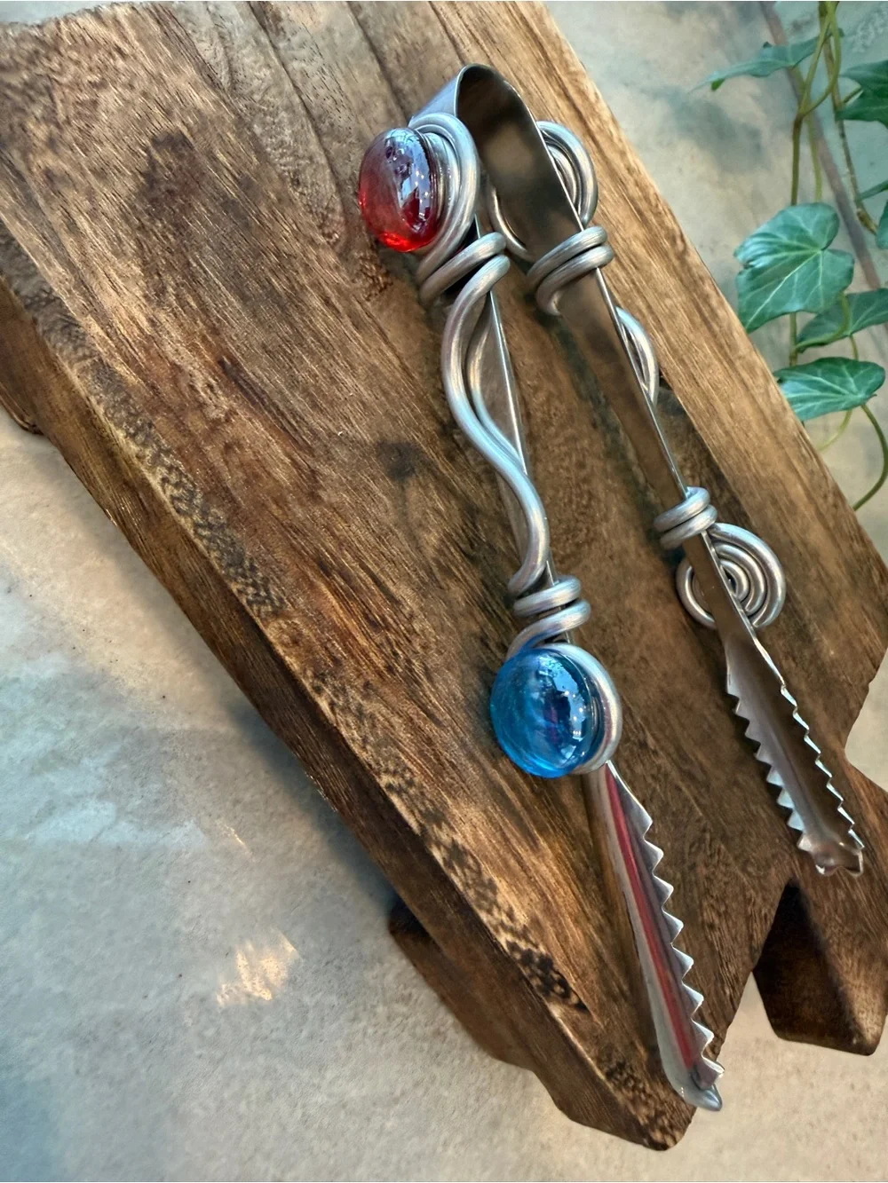 Handcrafted Wire-Wrapped Jeweled Glass Ice Bucket Set with Matching Tongs